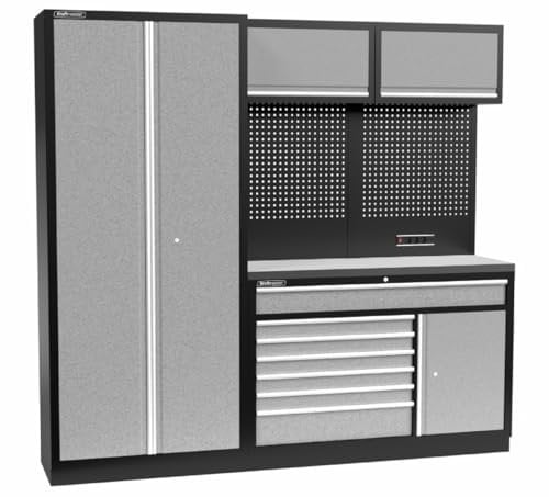 Kraftmeister Iowa Werkstatteinrichtung - Männerküche mit 7 Schubladen und 4 Schränken - Werkzeugschrank, Garage - modulares Werkbank mit Edelstahl-Arbeitsplatte und Werkzeugwand - Grau