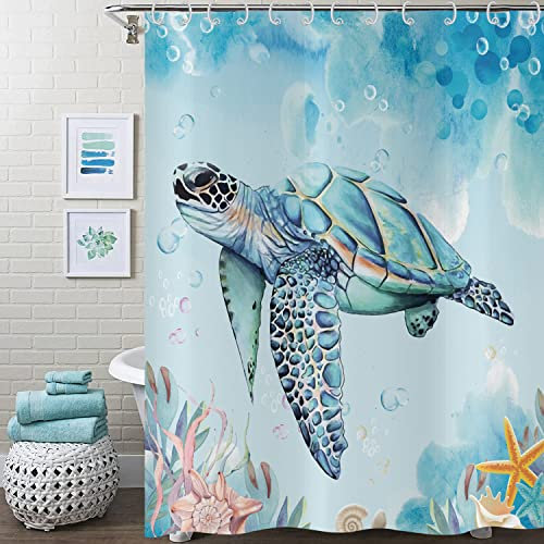 Duschvorhang Meeresschildkröte 180x180, Hnmdmyi Türkis Ozean Duschvorhänge Unterwasser Seetang Seestern Muschel Meerestiere Nautische Badewanne Vorhang Wasserdicht Polyester Stoff Waschbar Badevorhang