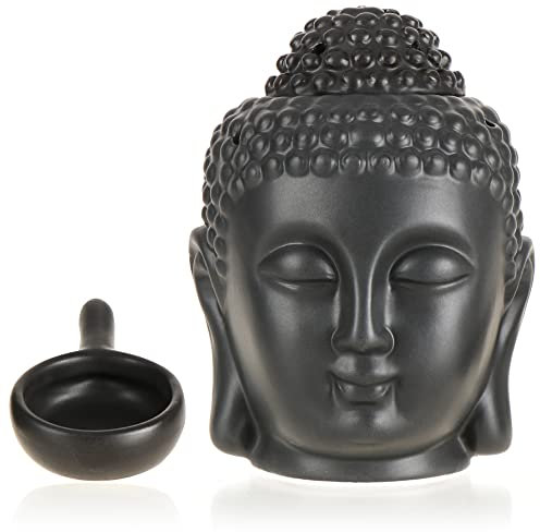 Robin Goods® Porzellanstövchen - dekorative Duftlampe - Teelichthalter in schwarz mit Duftölverdampfer - Buddhakopf als Aromalampe für ätherische Öle (1 Stück - Buddha - schwarz)