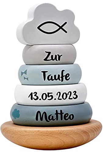 Personalisierte Geschenke zur Taufe I außergewöhnliche Taufgeschenke für Jungen und Mädchen I Stapelturm blau als Taufgeschenk mit Name I niedliche Tauf Dekoration aus Holz