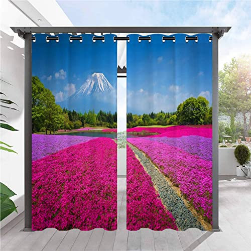 ANHOPE Rideaux D'extérieur Imperméable Rideaux Extérieur avec Oeillet Rideau Imprime Japonais Montagne Fuji Fleur Rideau pour Jardin Pergola Terrasse Balcon 92L X 214H cm (2 Panneaux)