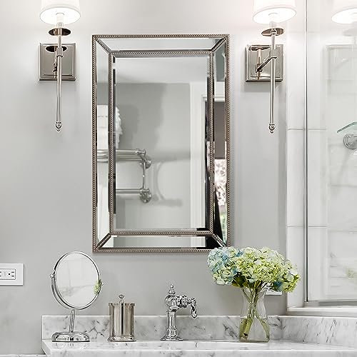 Head West Champagne Silver Metro Beaded Glass Framed Vanity Mirror - Beveled Vintage Accent Decorative Mirrors for Wall Decor, Modern Bathroom Mirrors for Over Sink, Bedroom, Entryway 24x30