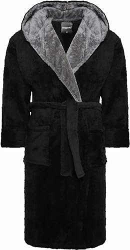 SnuggleME Dressing Gowns for Men | Super Soft Snuggle Hooded Dressing Gown | Men's Warm and Cozy Fleece Nightwear Robe | Gifts for Him XL BLACK/grey