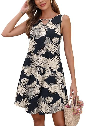 AUSELILY Robe d'été pour Femmes sans Manches Couleur Unie Stamp Chic Elégante Robe de Plage Vacances