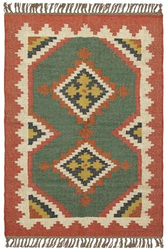 CASAVANI Läufer – 6,6 x 35,6 cm, wendbarer Kelim-Teppich, grün-braun, Wolle und Jute, handgewebter Teppich, für drinnen und draußen, Flachgewebe, für Zuhause und Foyer, Flur, Treppenläufer
