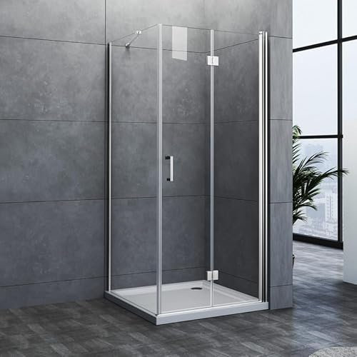 Eckeinstieg Duschkabine Falttür 90x75cm Duschabtrennung mit Seitenwand, Faltbar Duschtür Duschwand Dusche aus 6mm ESG NANO Sicherheitsglas, Easy-Clean Glas Ecke Duschkabine - 90x75x195cm