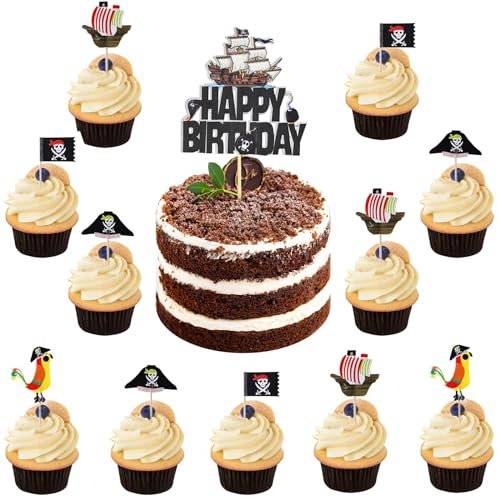 ALEGRE Piraten Tortendeko Geburtstag,25 Stück Happy Birthday Tortendeko Piraten Deko Kindergeburtstag,Piraten Kuchen Deko Junge,Piratenschiff Cupcake Topper für Piraten Party,Kinder Geburtstag