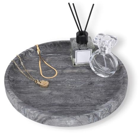 WORHE Natural Marble Vanity Tray for Bathroom Bedroom Kitchen Dresser, Round Decorative Trays for Jewelry, Perfume, Cosmetic, Candle, Countertop Storage Organizer for Home Decor Gray Black WH017