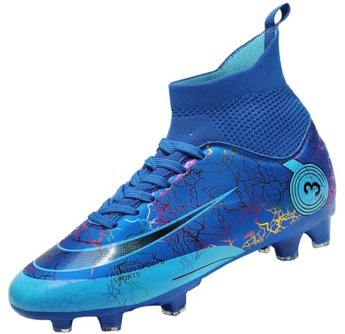 VTASQ Football Boots Men's High Top Spike Boy's Outdoor Soccer Shoes Professional Athletic Training Shoes Competition Football Shoes Cleats Sneakers Unisex 1Blue 8 UK