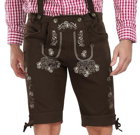 Lederhose Herren Tracht Kurz Trachtenhose Trachtenlederhosen Lederhose Oktoberfest Mann Dunkelbraun bayrische Trachten Hose Trachtenmode Hosenträger mit Kunst-Wildleder 52