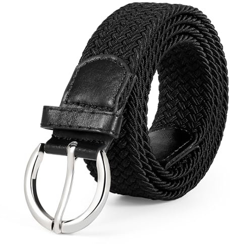 WERFORU Ceinture élastique tressée pour femme - Ceinture réglable en tissu pour jeans et pantalons, B-noir avec boucle argentée, Gürtellänge 90cm