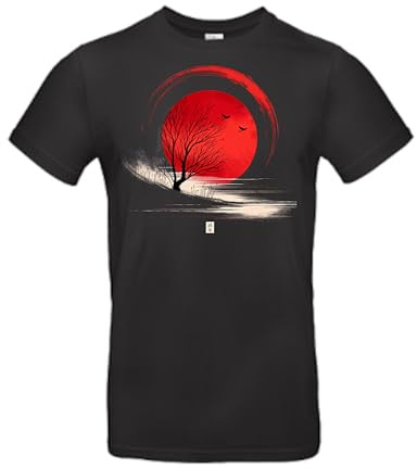 smilo & bron Herren/Unisex T-Shirt aus 100% Baumwolle, Bedruckt mit dem Motiv 'Der karge Baum und der rote Mond'