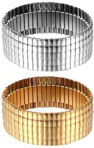 JewelryWe Damen Armreif Elastisch Armband: 2 Stück Edelstahl Breit Stretch Armband Kariert Schlangenkette Armspange Dehnbar Stapelbar Manschette Schmuck Geschenk für Frauen Männer