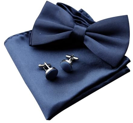 XDGBGFN Fliege mit Einstecktuch und Manschettenknöpfe Sets, Fliege Dunkelblau, Hellblau, Schwarz, Bow Tie für Herren Hochzeit Unternehmen Bankett Geschenk mit Geschenkbox