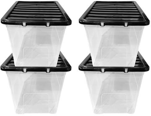 KAPCO 75L Plastic Storage Box with Black Lid (Pack of 4| Large, Stackable, Strong, Durable Clear Box Containers for Home & Office | Multipurpose Storage Tubs | 57 x 40 x 40cm | 75 Litre - 4 Pack