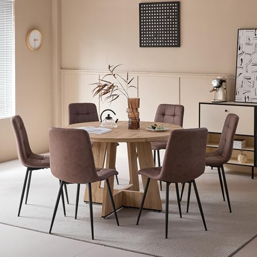 DEYARNA HOME Essgruppe 7-Teilig, 120cm Runder Esstisch und 6 Kunstleder Esszimmerstühle, Tisch und 6 Stühle für Küche, Wohnzimmer, Balkon, Restaurant, Büro (Helle Holzfarbe+Dunkelbraun)