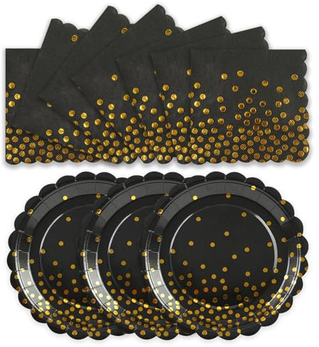 HFBOBP 50PCS Black and Gold Paper Plates and Napkins Party Supplies, 7 Inch Scalloped Dot Paper Dessert Cake Plates and Napkins Disposable Tableware Set for Birthday Graduation Decorations