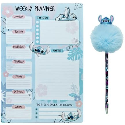 Undercover Wochenplaner Disney Stitch mit Kugelschreiber, Geschenk Set Notizblock Planer A4 mit Puschelstift, Schulset Geschenk Kinder, 52 Blatt