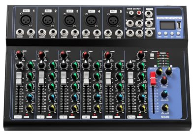7 Kanal Bluetooth Audio Mixer, DJ Mischpult Live Audio Mixer mit USB-Audio-Schnittstelle, Bluetooth Mischpult Musikmischpult Konsole Mixing VerstäRker 6 Musikmodi, für Karaoke Stage Aufnahme, Heim-KTV