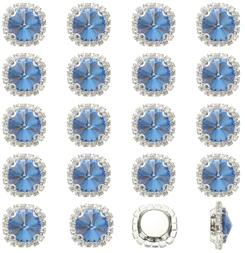 PATIKIL 32Pcs Bottoni con Strass, Strass da Cucire con Dorso Piatto con Cristalli, Base in Metallo e Vetro, con Gemme a Graffio per Artigianato, Vestiti, Scarpe, Cappelli, Borse, Blu Chiaro