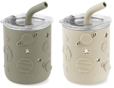 PandaEar Paquete De 2 Vasos De Acero Inoxidable Para Niños Con Tapas Y Fundas De Silicona | 260 ml Vasos Antiderrames Con Tope Para Pajilla Y Pajillas Suaves Para La Dentición De Bebés (Beige Y Caqui)