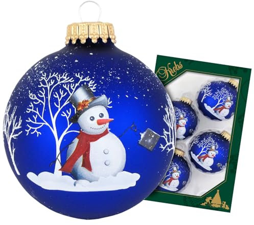 Krebs Glas Lauscha Weihnachtsdekoration/Christbaumschmuck aus Glas - Weihnachtskugeln - Motiv: Blau matt Schneemann - 4 Stück - Größe: ca. 7 cm