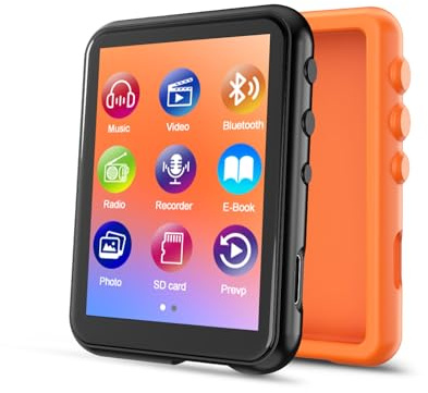 64GB MP3 Player with Bluetooth 5.3, QNGEE 2.4 inch Full Touchscreen Music MP3 for Kids, FM Radio, Voice Recorder, HiFi Sound, E-Book, Earphones Included Orange