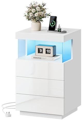Dripex LED Nightstand, Charging Station & USB Ports, White Bedside Table | 40 x 35 x 63cm, Charging Station with USB Ports, App & Remote LED, Music Sync, 3 Drawers, Bedside Cabinet