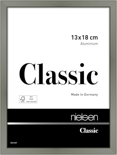 nielsen Bilderrahmen, 13 x 18 cm, Aluminium, Platin glanz, Fotorahmen zum Auftstellen und Aufhängen im Hoch- & Querformat, Echtglas, Classic