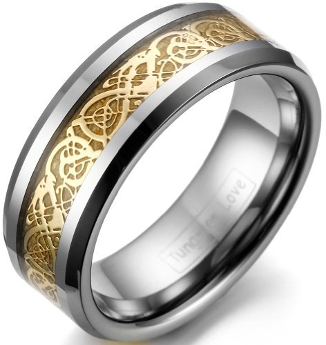 JewelryWe Schmuck 8mm Breite Wolframcarbid Herren-Ring Damen-Ring Hochzeit Band Verlobungsringe mit Gold keltischen Drachen Inlay Größe 70
