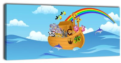 wandmotiv24 Leinwandbild Panorama Nr. 205 Arche Noah 100x40cm, Keilrahmenbild, Bild auf Leinwand, Kinder, Comic, Tiere