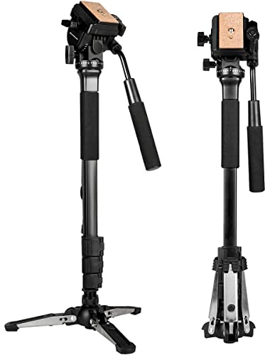 Extendable Camera Aluminum Monopod with Fluid Head and Foldable Tripod Base for DSLR Camera.Max Height 148cm / 58 inch. Payload up to 3kg/6.6lbs.
