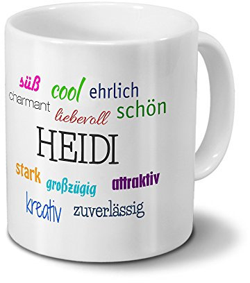 printplanet Tasse mit Namen Heidi - Positive Eigenschaften von Heidi - Namenstasse, Kaffeebecher, Mug, Becher, Kaffeetasse - Farbe Weiß