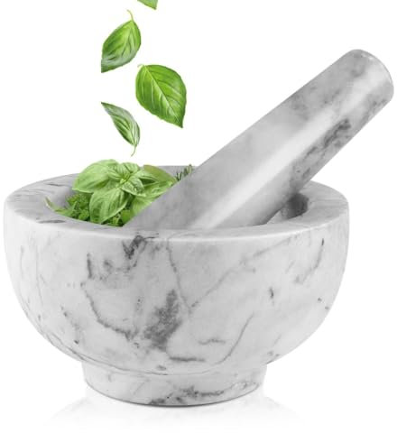 Flexzion Marble Mortar and Pestle Set - Solid Marble Stone Grinder Bowl Holder for Guacamole, Herbs, Spices, Garlic, Kitchen, Cooking, Medicine