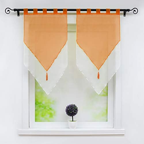 Joyswahl Scheibengardine Voile Panneaux 60x90cm Lydia 60x120cm Orange/Weiß | Bistrogardinen mit Quaste,Landhausstil,Zweifarbig,Doppelschicht Kurzstore,Mit Schlaufen,2 Stück,Küchengardinen modern