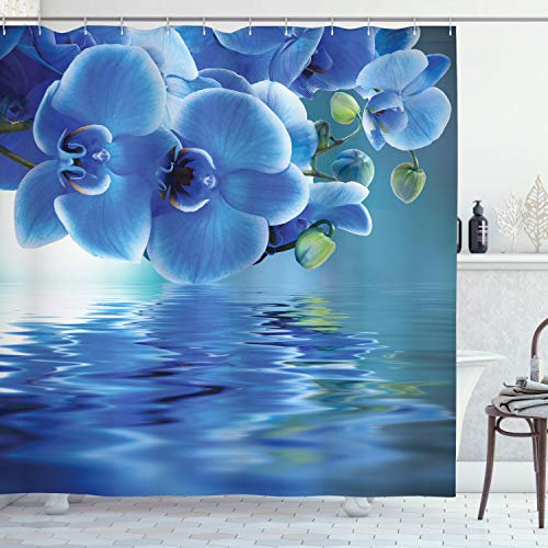 ABAKUHAUS Blume Duschvorhang, natürliche Orchideen, Stoffliches Gewebe Badezimmerdekorationsset mit Haken, 175 x 200 cm, Blau
