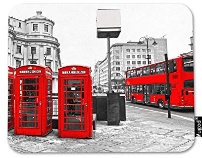 Mugod London City Mauspad, Doppeldecker-Bus, Telefonzellen, Rot, Grau, Schwarz, Weiß, Mauspad, rutschfeste Gummiunterseite, Mauspad für Computer, Laptop, PC, Gaming, Arbeit, Büro und Zuhause, 24,6 x