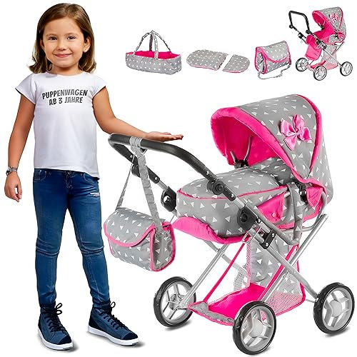 Kinderplay Puppenwagen ab 1 2 3 Jahre Kinderwagen Spielzeug - 3 in 1, Puppenwagen mit Herausnehmbarer Tragetasche und Umhängetasche, Höhenverstellbar 34.5 cm bis 64 cm, KP0200S