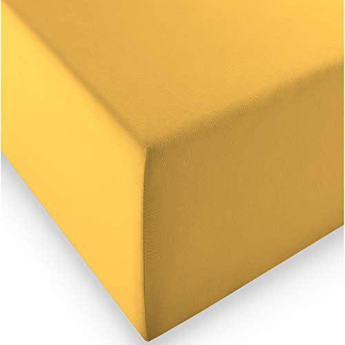 fleuresse 1119 XXL Jersey Stretch Spannbetttuch (96% Baumwolle, 4% Elasthan), mit Rumdumgummizug, Ökotex 100, für Matratzen bis 40 cm Höhe, 140 x 190-160 x 220 cm, Sonnengelb