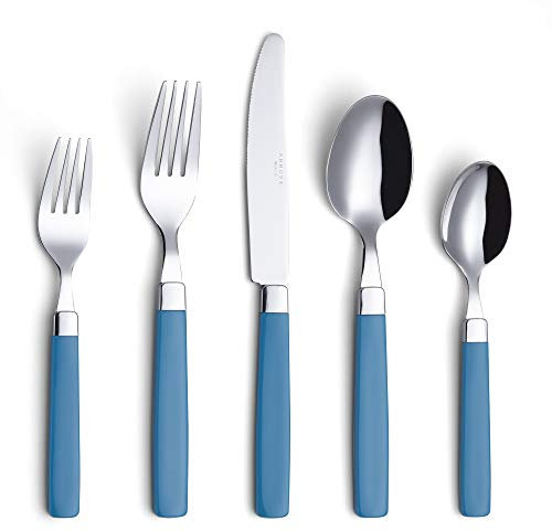 Annova Stainless Steel Cutlery Set with Color Handles - Dinner Forks, Salad Forks, Table Knives, Tablespoons, Teaspoons - Service for 4 (Blue)