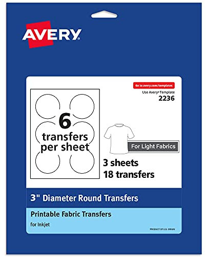 Avery Licht-Transferpapier für T-Shirts, 7,6 cm Durchmesser, vorgestanzt, zum Aufbügeln, 3 Blatt Wärmetransferpapier, insgesamt 18 Stück (02236)