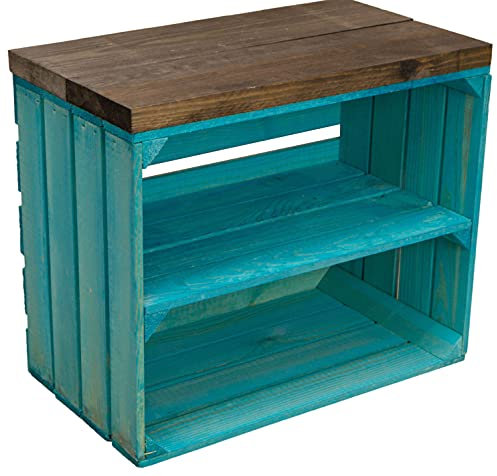 Kistenkolli Altes Land Sitzkiste Johanna Obstkiste und massiven Holzplanken Schuhablage Schuhkommode Hocker Sitzbank Holzbank Regalkiste aus Holz Maße 50 x 30 x 43cm L x T x H (Türkis/schwarz)