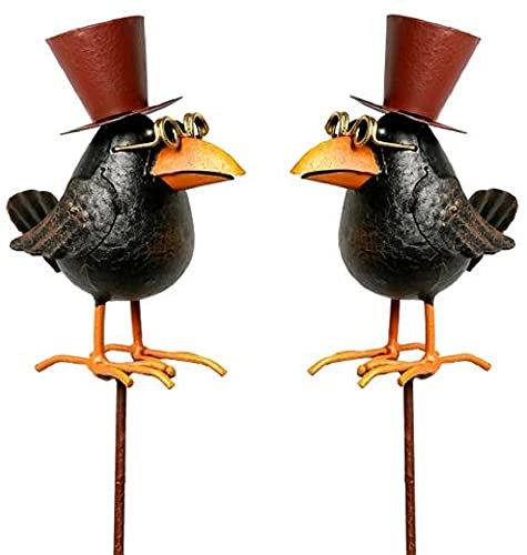 Posiwio lustiger Deko-Stecker Garten-Stecker Rabe mit Zylinder und Brille Preis für 2 Stück, Schwarz, 5,5 x 8,5 x 13 cm hoch, Stab ca. 54 cm lang