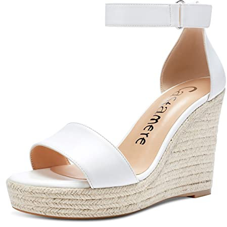 Castamere Damen Keilabsatz High Heels Plattform Pumps mit Ankle-Strap Sandalen Weiß Schuhe EU 43