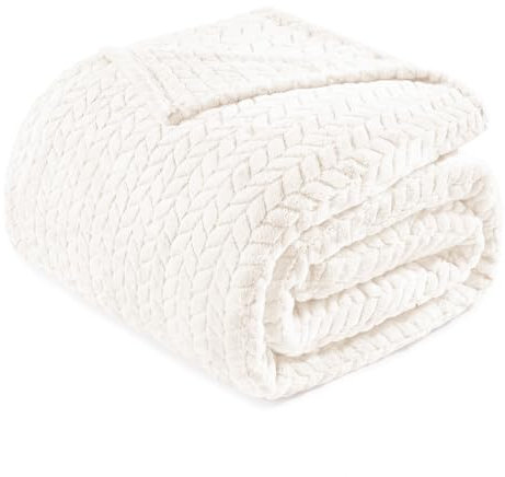 Exclusivo Mezcla Plaid Couverture Polaire en Flanelle, 220 x 240 cm Douce et Tissu Jacquard Plaid Couvertures de Canapé Imprimées de Feuilles, Ivoire