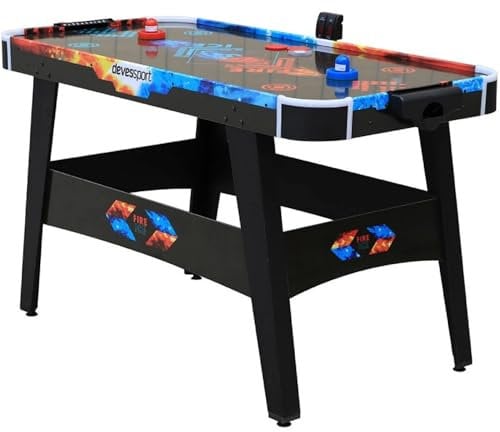 DEVESSPORT Air Hockey Fuego vs Hielo Incluye Dos Lanzadores Leds y Un Disco Led y Niveladores en Cada Pata | Mesa de Hockey con Luces LED Rojo y Azul, Marcador Electrónico y Baterías USB