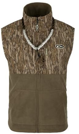 Drake Waterfowl Men's MST Eqwader Insulated Fleece-Lined Waterproof Windproof Breathable Adjustable Outdoor Hunting Zip Vest, Mossy Oak Bottomland, X-Large