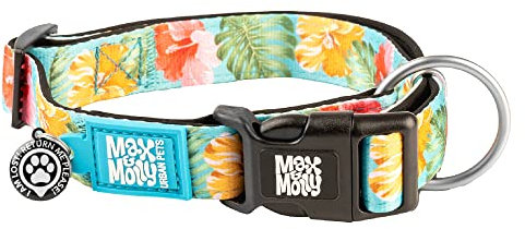 Max & Molly Hundehalsband mit Sicherheits-QR-Code, Hibiskusblumen-Motiv, weich, verstellbar und wasserdicht, niedliches tropisches Sommer-Design, für Mädchen und Jungen, Hunde und Welpen, Größe S