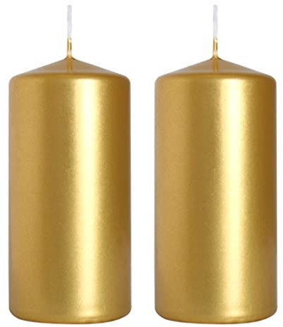 Pillar Candles, Pack of 2, Unscented, Long Burning Time, 10 x 5 cm / 4 x 2 in (Gold, Metallic)
