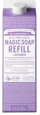Dr. Bronner's Pure-Castile Liquid Magic Soap Refill - Made with Regenerative Organic Certified Oils, 86% Less Plastic per Quart - 18-in-1 Uses for Face, Body Wash, Hand Soap Refill- Lavender, 32oz